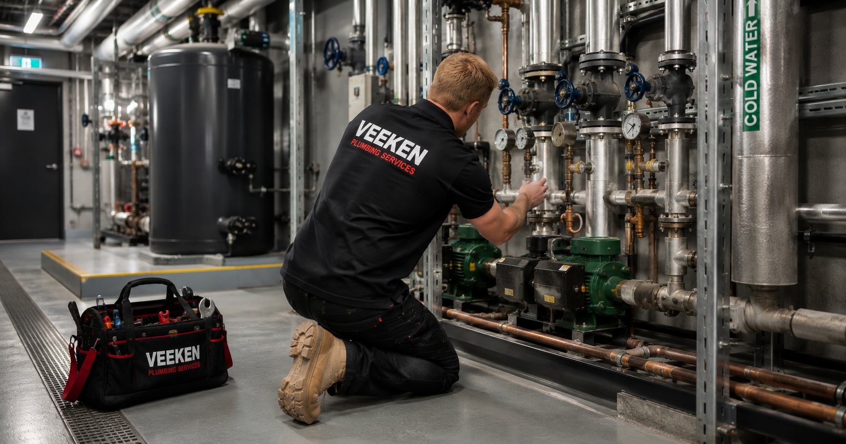 Veeken Plumbing technician working in a commercial plant room in Melbourne